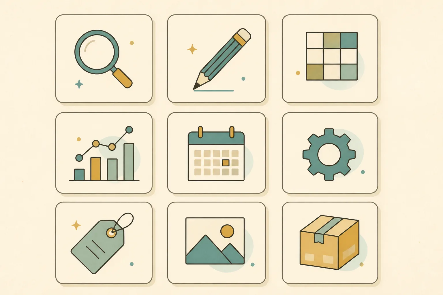 A tidy desk showing Etsy seller tools organised by category: keyword research, listing copy, bulk editing, and analytics