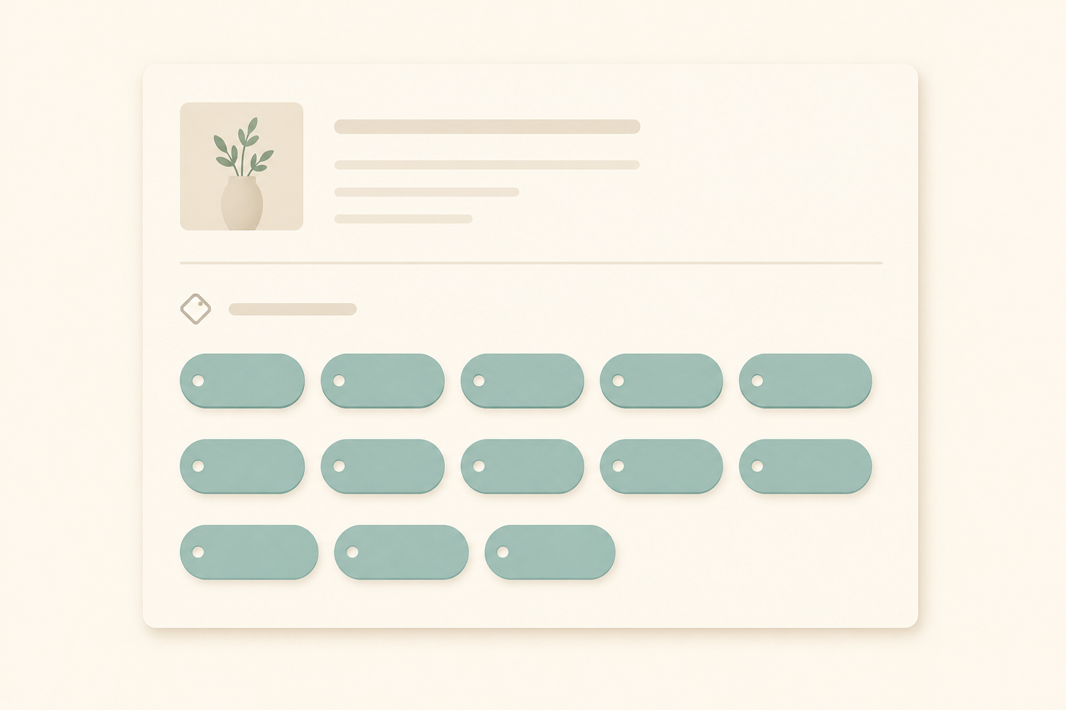 An Etsy listing tag editor showing 13 filled tag slots organized into intent buckets: exact-match phrases, buyer intent, style, use-case, occasion, and trending
