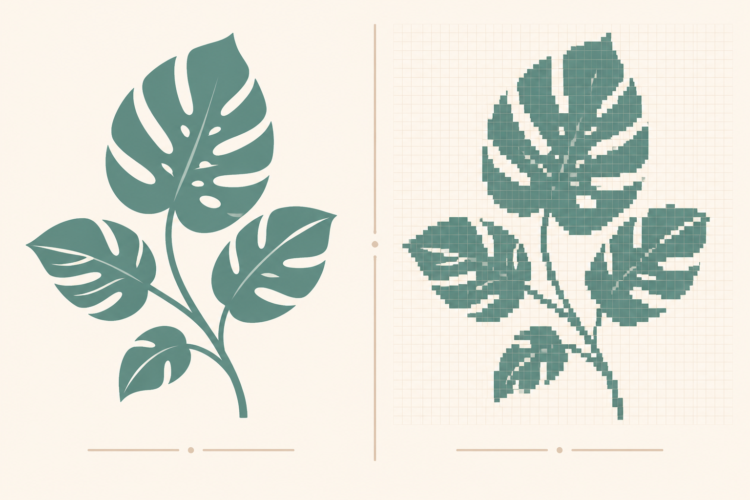 Side-by-side comparison of an SVG vector file and a PNG raster file showing how each scales: vector remains crisp, raster pixelates