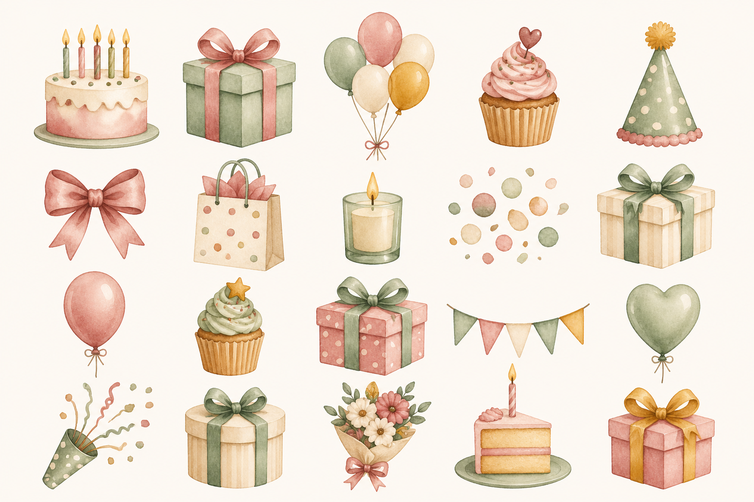 A gift clipart bundle preview: birthday, shower, and celebration motifs in soft watercolor florals on a transparent background grid
