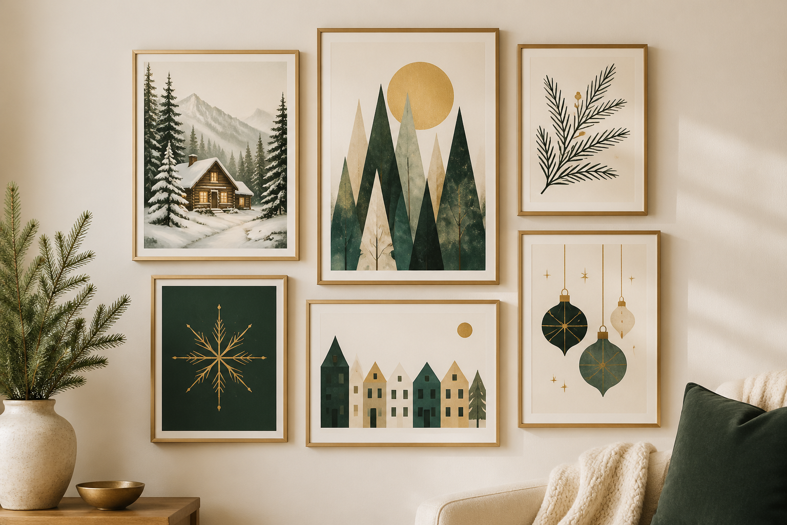A holiday wall art collection: Christmas-themed prints in muted teal, warm cream, and warm gold arranged as a styled gallery wall