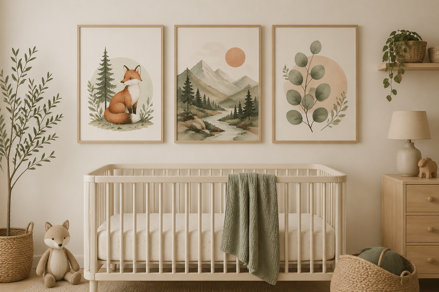 A cohesive set of nursery wall prints: woodland creatures in sage, terracotta, and warm cream, arranged above a soft cream crib