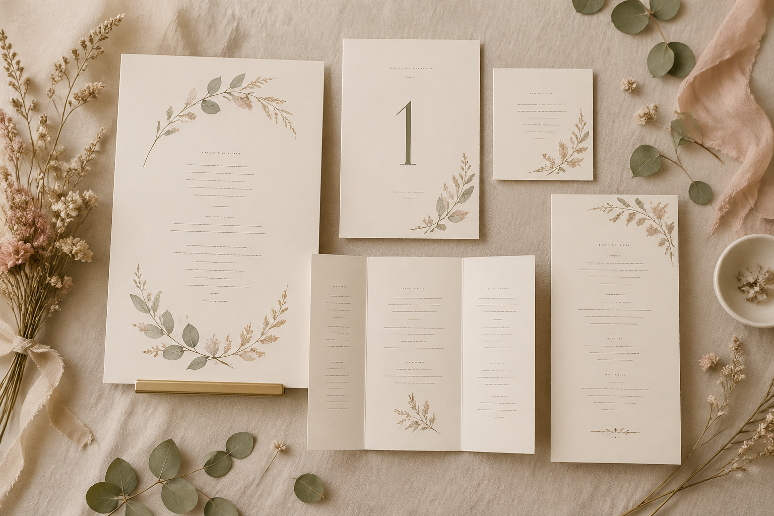 A wedding printable suite: welcome sign, table numbers, programs, and menu cards in elegant serif typography on warm cream paper