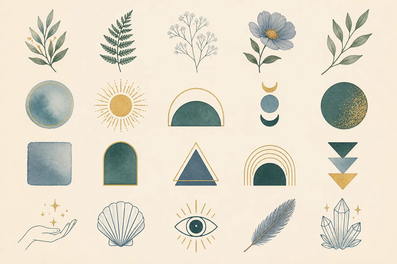 A flat-lay of a cohesive 20-piece clipart bundle on warm cream paper: botanicals, geometric shapes, and hand-drawn icons in a consistent muted palette, arranged in a grid