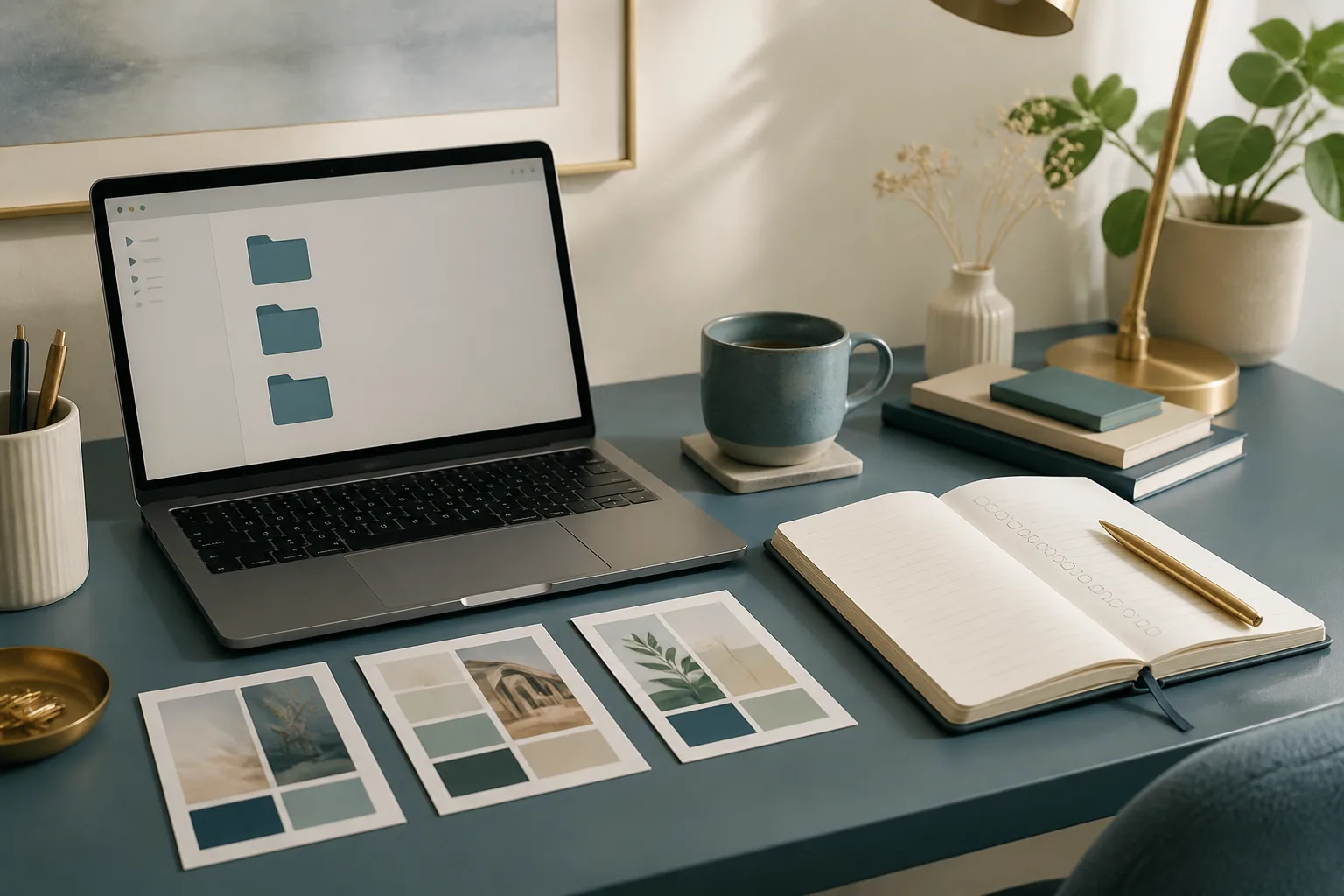 A freelancer's organized client-work desk: laptop showing a folder structure of three labeled client folders, printed style-guide cards, and a delivery checklist