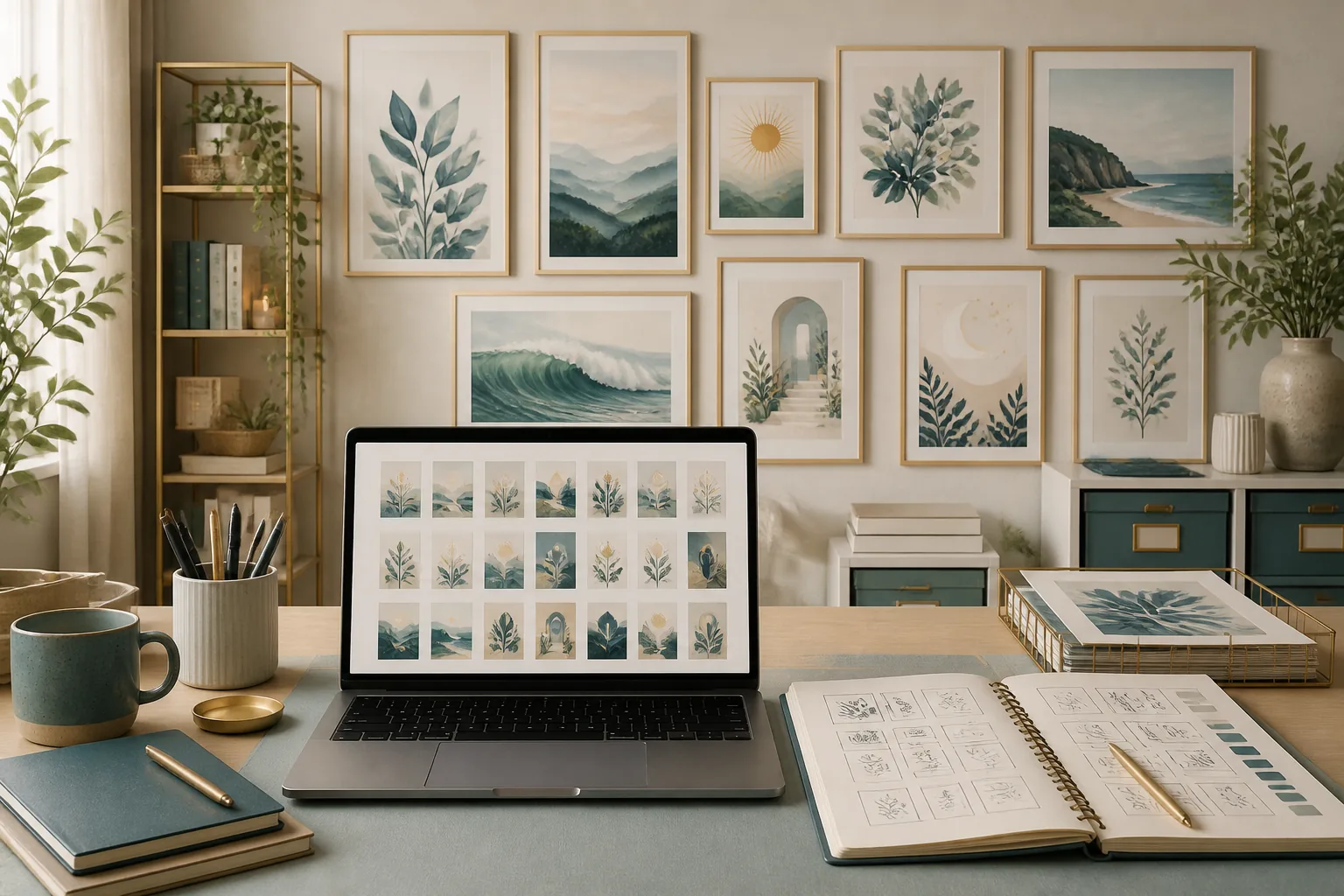 A growing Etsy printables workspace: framed wall art mockups on a wall behind a laptop showing a catalog grid of pending listings, notebook open to product ideas