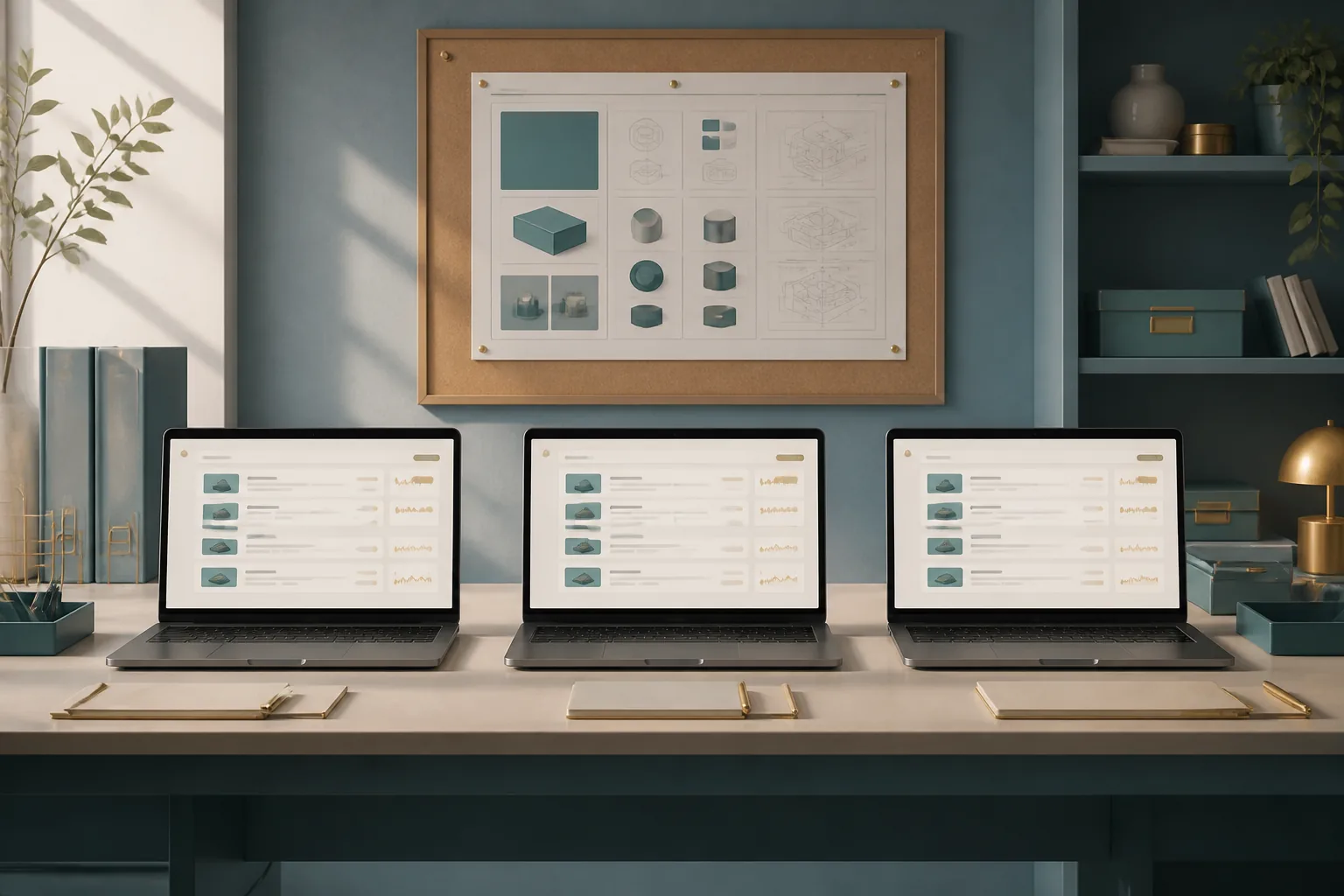 A team workspace with three matching laptops side by side on a long desk, each showing identical clean listing dashboards. Architectural and repeatable.