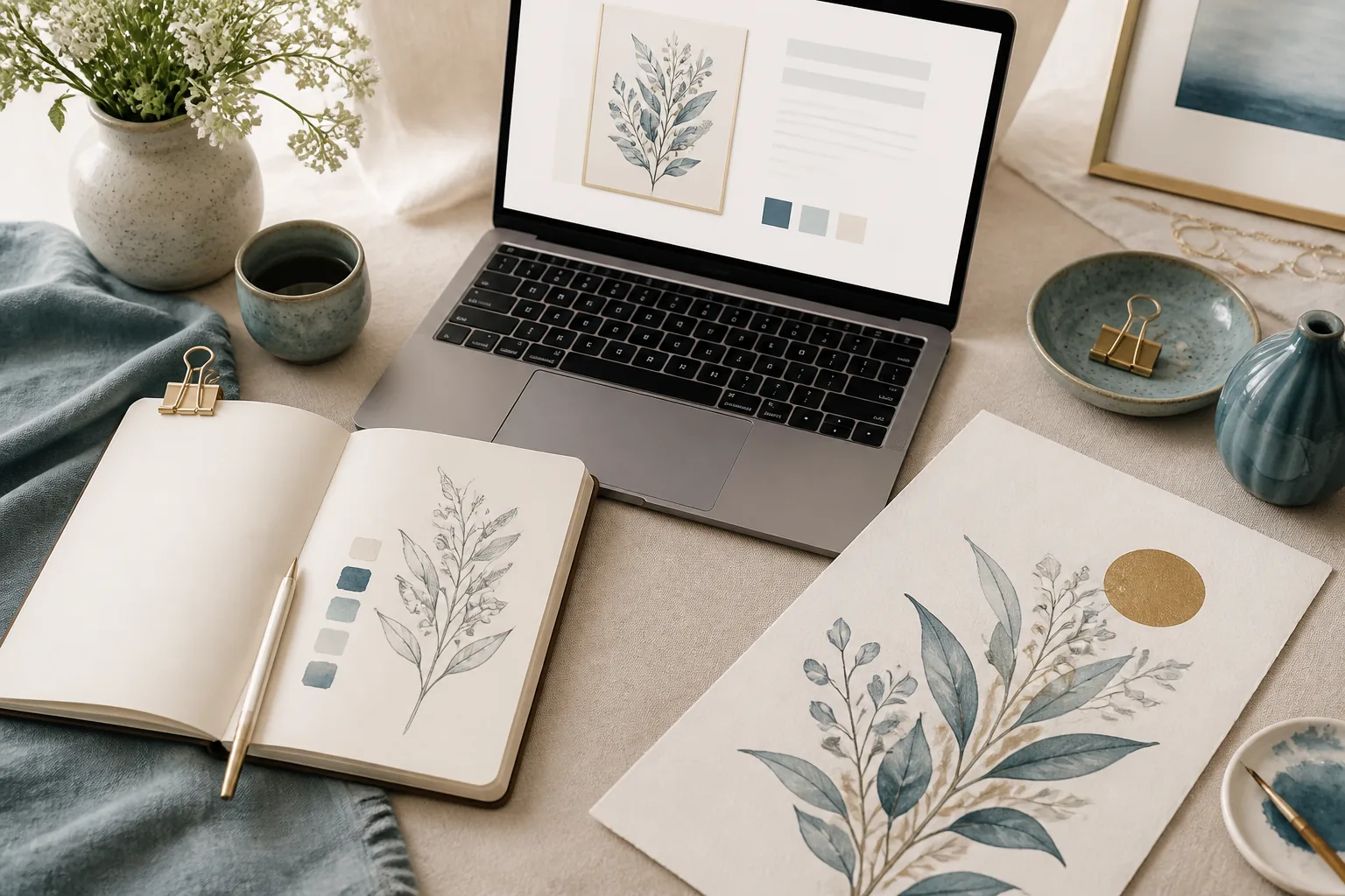 An overhead flat-lay of an Etsy beginner workspace: open notebook with a product idea, laptop showing a draft listing, and a freshly printed wall art sample on cream paper