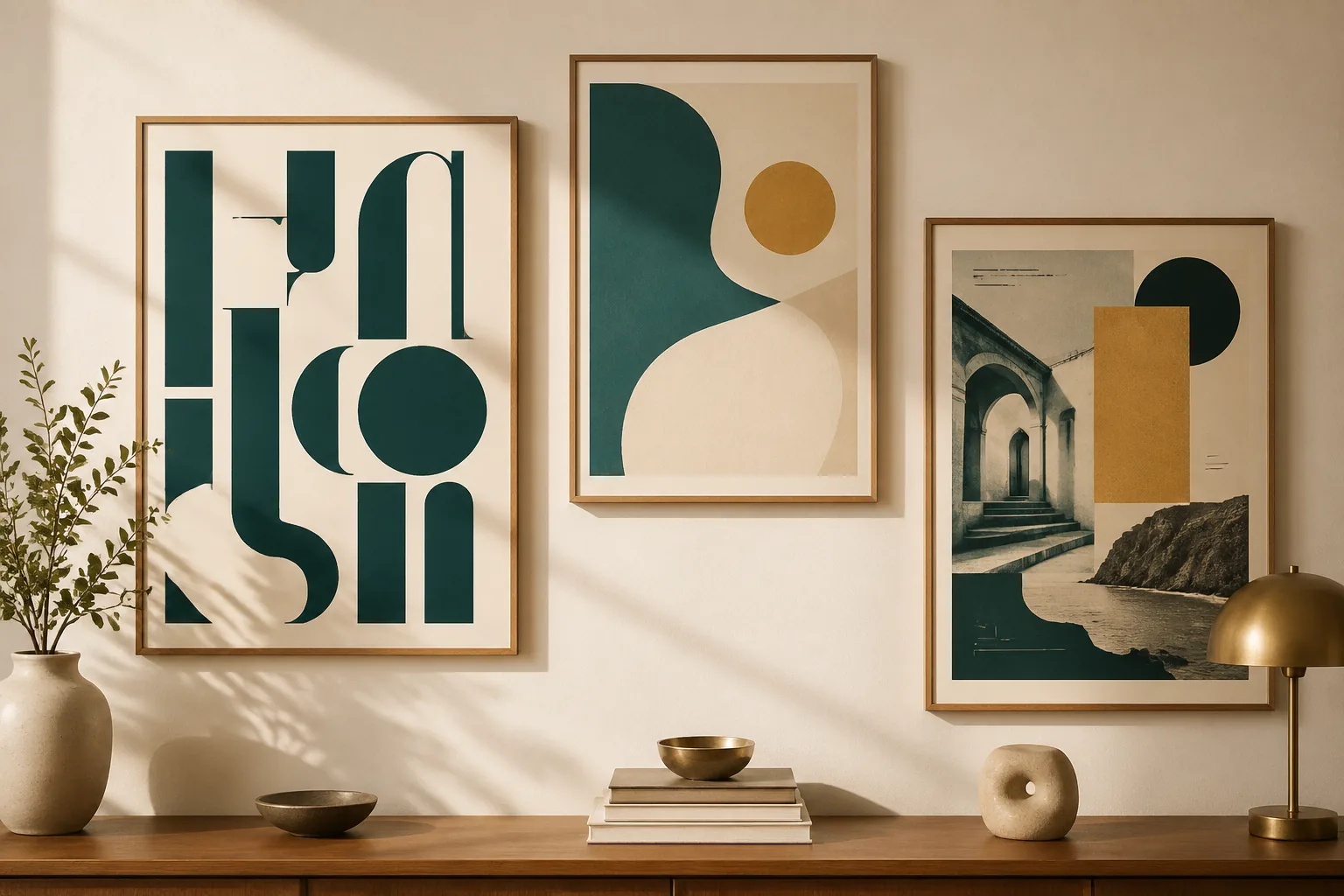A styled gallery wall featuring three framed poster prints in muted teal, warm cream, and warm gold with modern minimalist editorial styling