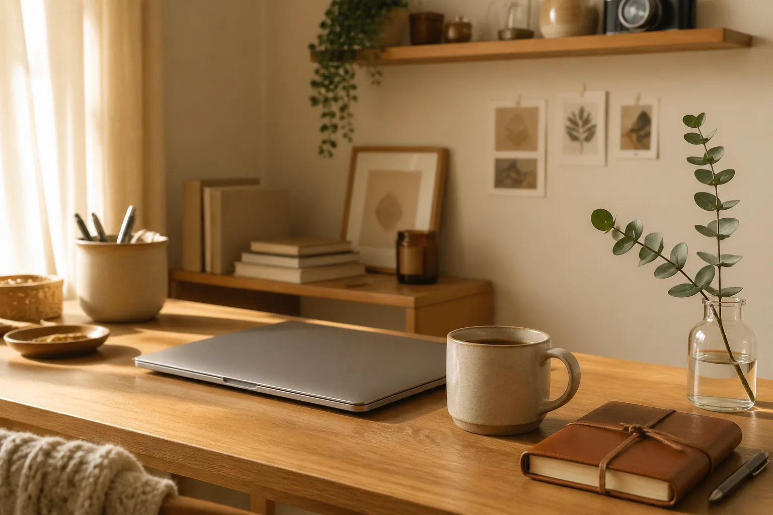 A cozy weekend workspace: laptop on a wooden desk, coffee mug, and a small notebook, with warm afternoon light suggesting a side-hustle Etsy seller working from home